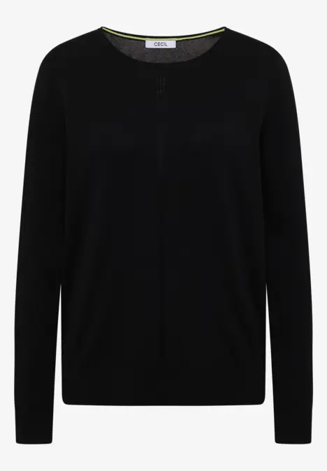 Schlichter schwarzer Rundhalsausschnitt-Pullover mit langen Ärmeln.
