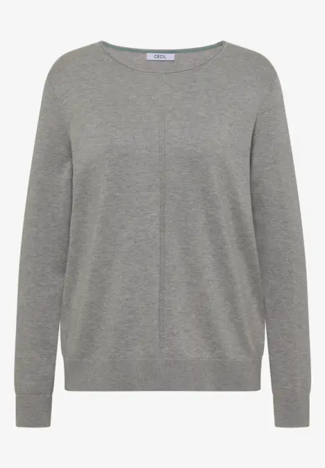 Grau melierter Pullover mit Rundhalsausschnitt und langen Ärmeln.