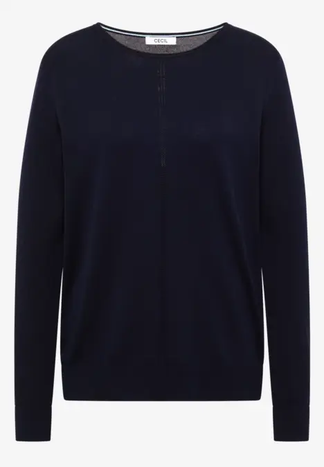 Dunkelblauer, schlichter Pullover mit Rundhalsausschnitt und langen Ärmeln.