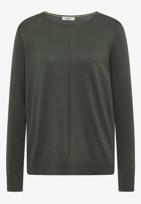 Dunkelgrüner, schlichter Pullover mit Rundhalsausschnitt und langen Ärmeln.
