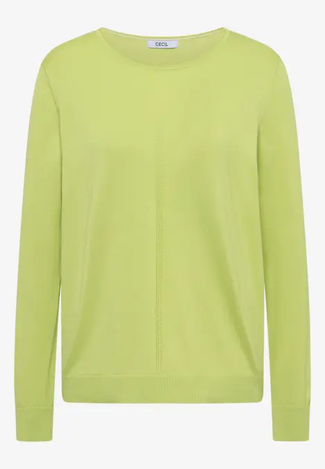 Ein hellgrüner, langärmeliger Rundhals-Pullover aus feinem Strick.