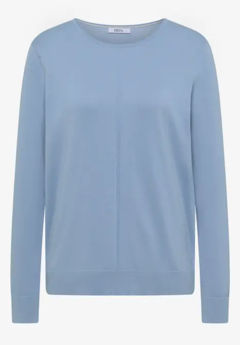Hellblauer Pullover mit Rundhalsausschnitt und langen Ärmeln.