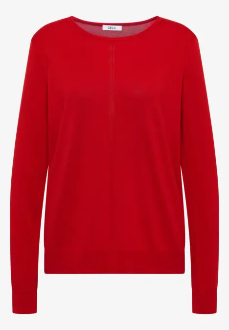 Ein roter Pullover mit Rundhalsausschnitt und langen Ärmeln.