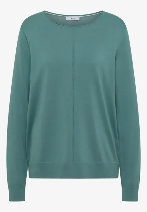 Schlichter grüner Pullover mit Rundhalsausschnitt und langen Ärmeln.