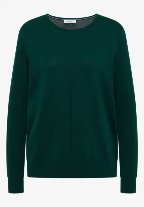 Ein schlichter dunkelgrüner Pullover mit Rundhalsausschnitt und langen Ärmeln.