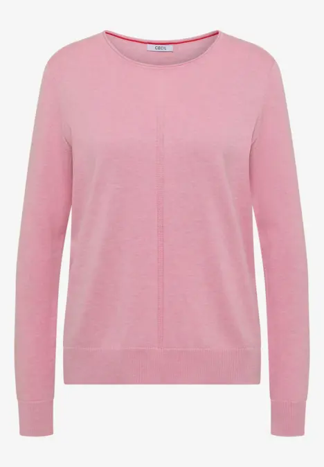 Rosa Damenpullover mit langen Ärmeln und mittiger Naht, feiner Strick.