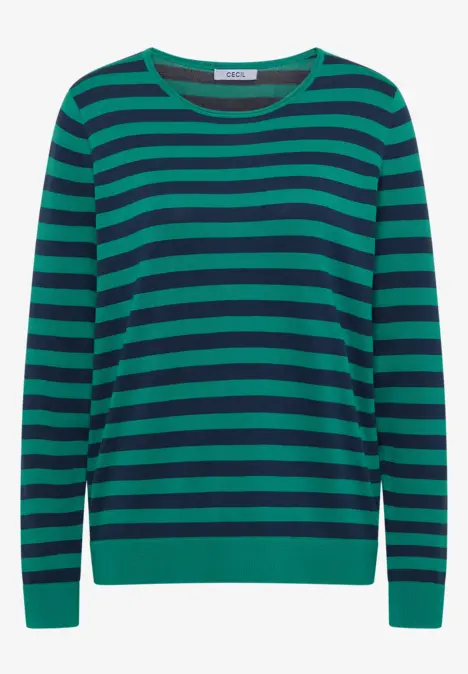 Ein langärmliger Pullover mit breiten dunkelgrünen und dunkelblauen Querstreifen.