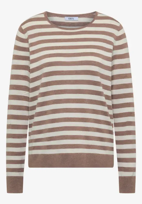 Ein beige-braun gestreifter Pullover mit langen Ärmeln.