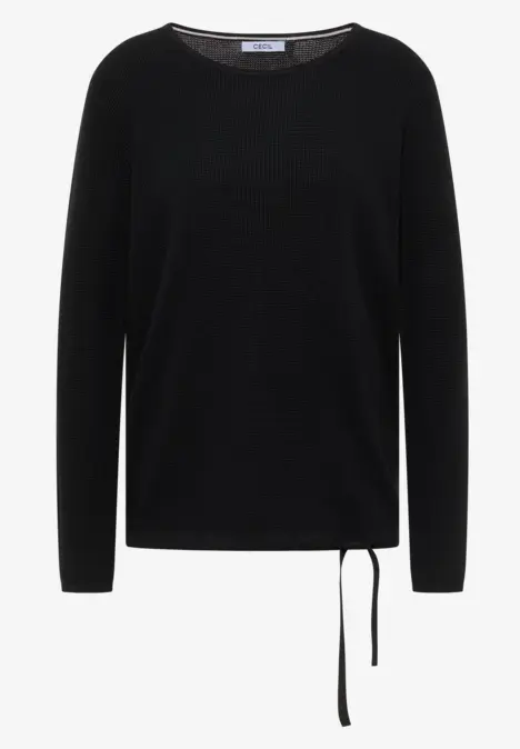 Schwarzer Langarm-Pullover mit Rundhals und seitlicher Kordel zum Binden