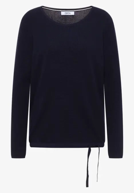 Dunkelblauer Pullover mit Rundhalsausschnitt, langen Ärmeln und verstellbarem Tunnelzug am Saum.