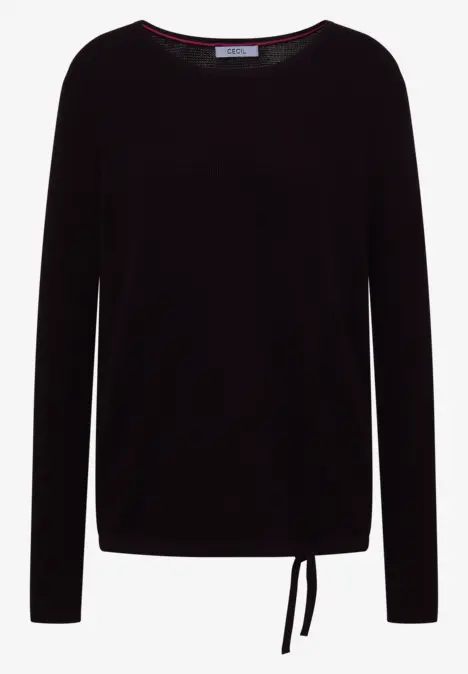 Schwarzes Langarmshirt mit Rundhalsausschnitt und seitlicher Kordel am Saum.