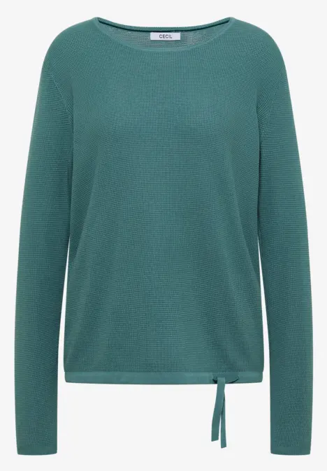 Grüner Langarm-Pullover mit Rundhalsausschnitt und seitlicher Knotendetail am Saum