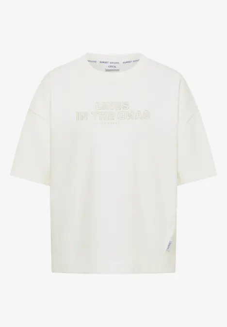 Weißes T-Shirt mit lockerer Passform und Ton-in-Ton-Schriftzug auf der Brust.