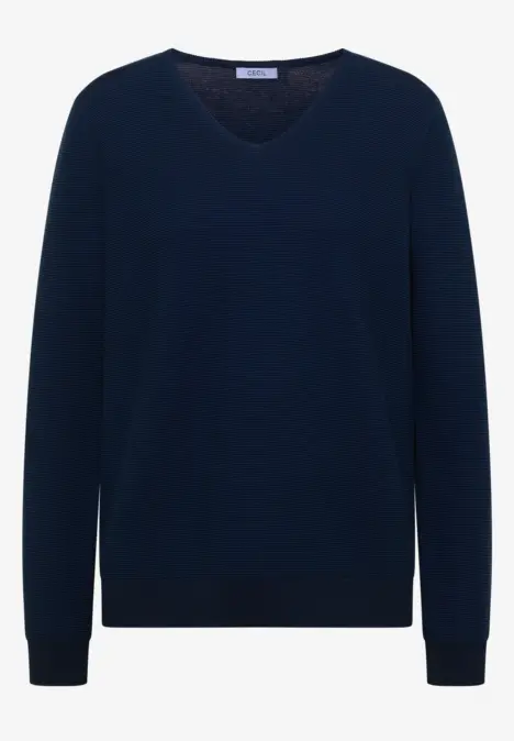 Ein dunkelblauer Pullover mit V-Ausschnitt, langärmlig und schlichter Schnitt.