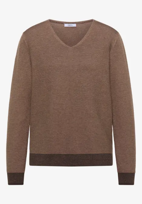 Brauner V-Pullover mit langen Ärmeln und dunklem Saum und Bündchen.