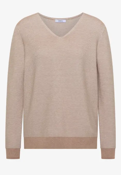 Beige V-Pullover mit V-Ausschnitt und langen Ärmeln, gerippten Bündchen an Ärmeln und Saum.