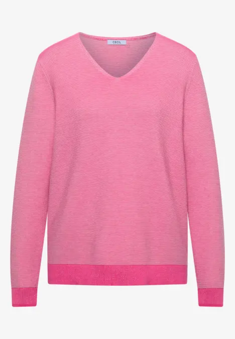 Rosa V-Ausschnitt-Pullover mit langen Ärmeln.