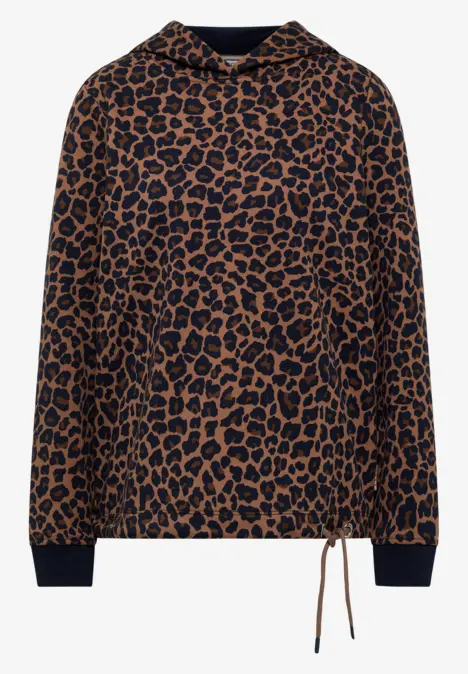 Braunes Kapuzensweatshirt mit schwarzem Leopardenmuster, elastischen Bündchen und Kordelzug am Saum.