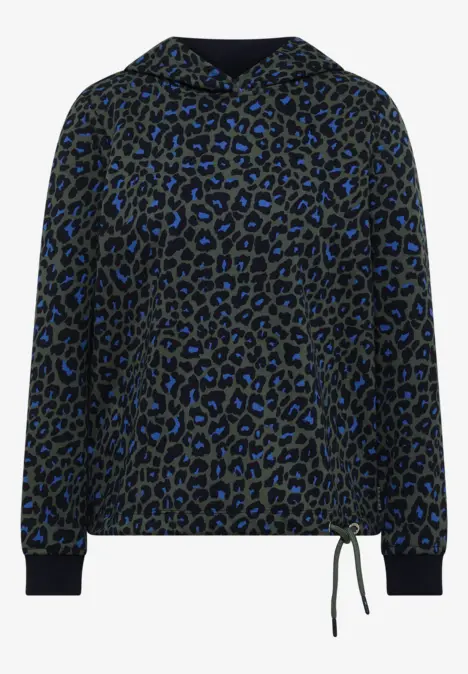 Damen-Kapuzenpullover mit schwarzem Hintergrund und blauem Leopardenmuster, langärmlig mit Tunnelzug am Saum.