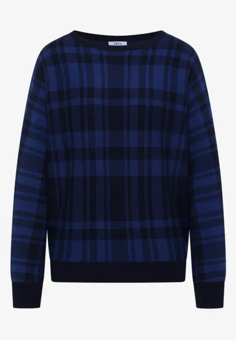 Dunkelblauer Pullover mit schwarzem Karomuster, Rundhalsausschnitt und langen Ärmeln.
