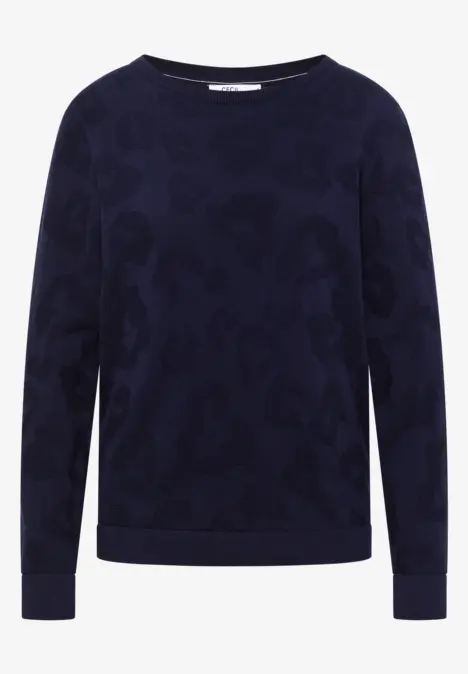 Dunkelblauer Pullover mit feinem Jacquardmuster, Rundhalsausschnitt und geripptem Saum.