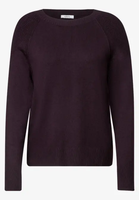 Dunkler, violetter Strickpullover mit Rundhalsausschnitt und langen Ärmeln.