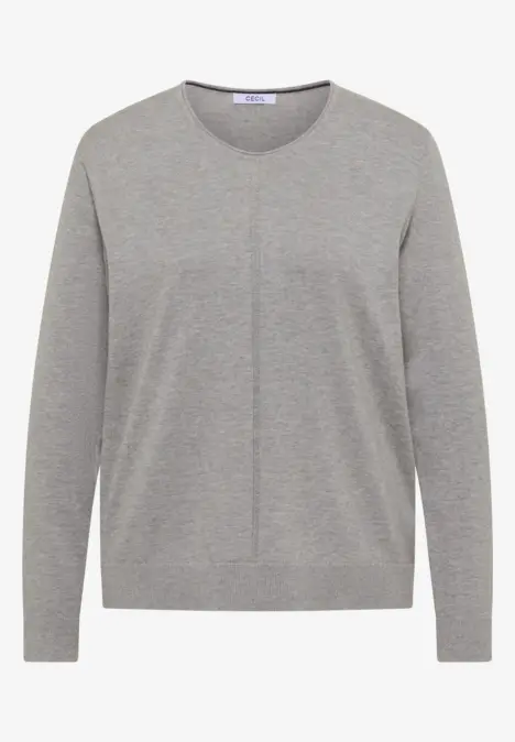 Hellgrauer Pullover mit Rundhalsausschnitt und dezentem Ziernaht-Detail mittig.