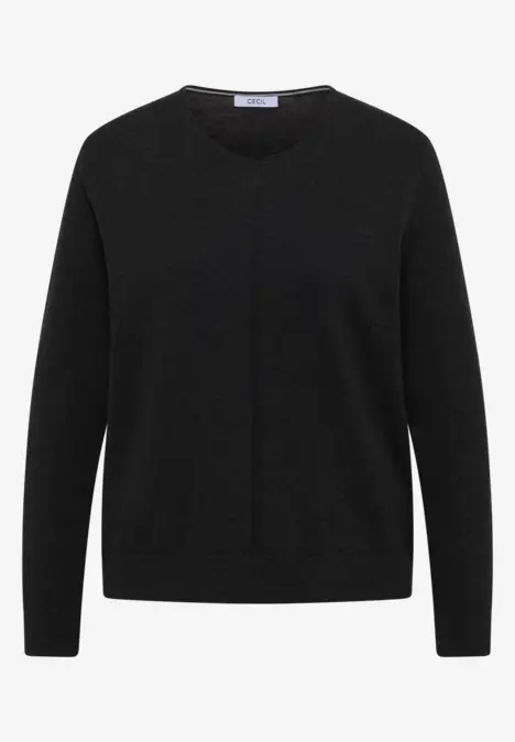 Schwarze, schlichte Strickjacke mit Rundhalsausschnitt und langen Ärmeln.