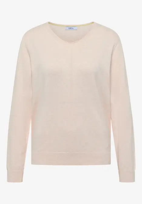 Ein schlichtes, leicht roséfarbenes Strickpullover mit Rundhalsausschnitt und Rippbündchen.