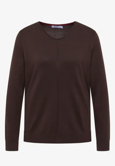 Dunkelbrauner Damenpullover mit V-Ausschnitt und Nahtdetail vorne, langärmelig.