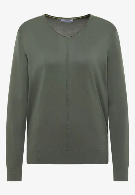 Schlichter, olivegrüner Pullover mit Rundhalsausschnitt und langen Ärmeln.