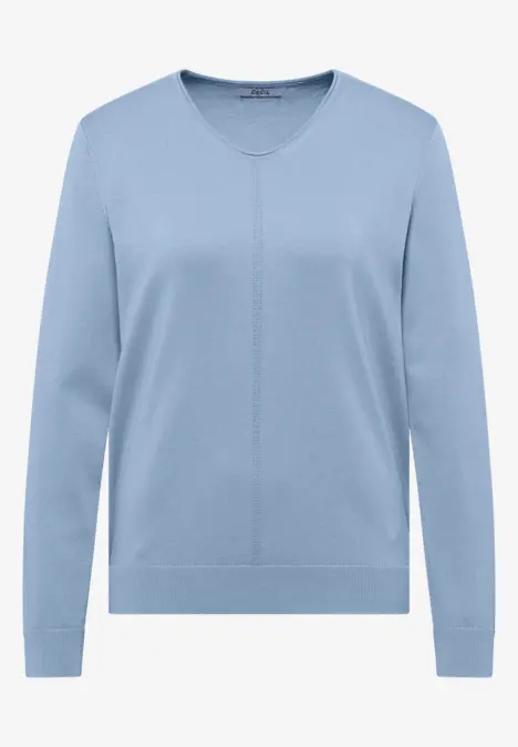 Hellblauer Pullover mit V-Ausschnitt und langen Ärmeln.