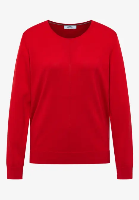 Ein roter Pullover mit Rundhalsausschnitt und langen Ärmeln, schlicht und einfarbig.