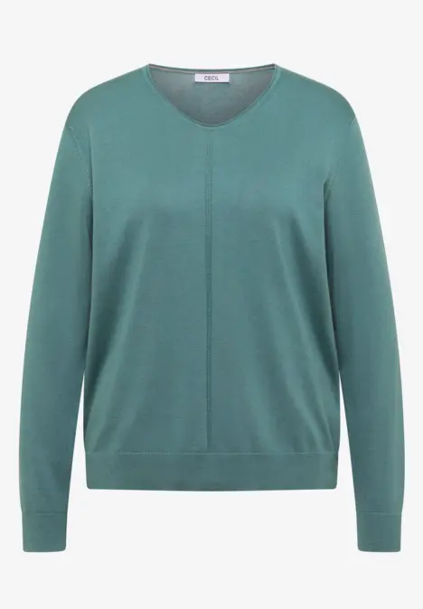 Ein schlichtes, grünes V-Ausschnitt-Pullover mit langen Ärmeln.