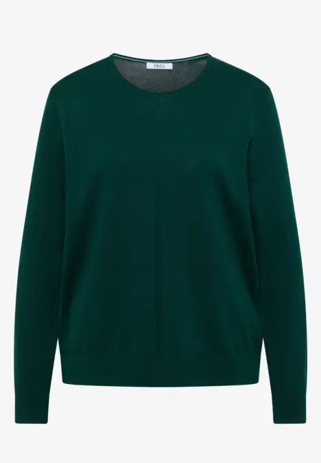 Ein dunkelgrüner Pullover mit Rundhalsausschnitt und langen Ärmeln, schlicht und zeitlos.