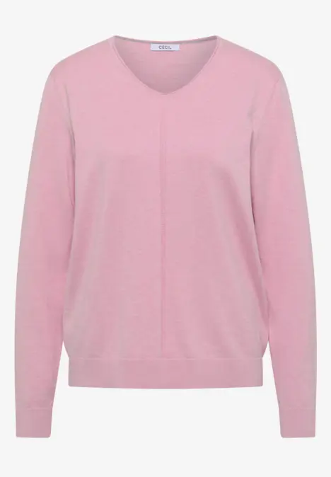 Rosa Feinstrickpullover mit V-Ausschnitt und langen Ärmeln.