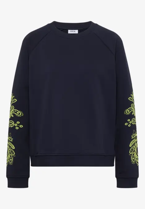 Sweat bleu foncé orné de motifs bandana vert néon sur les manches.