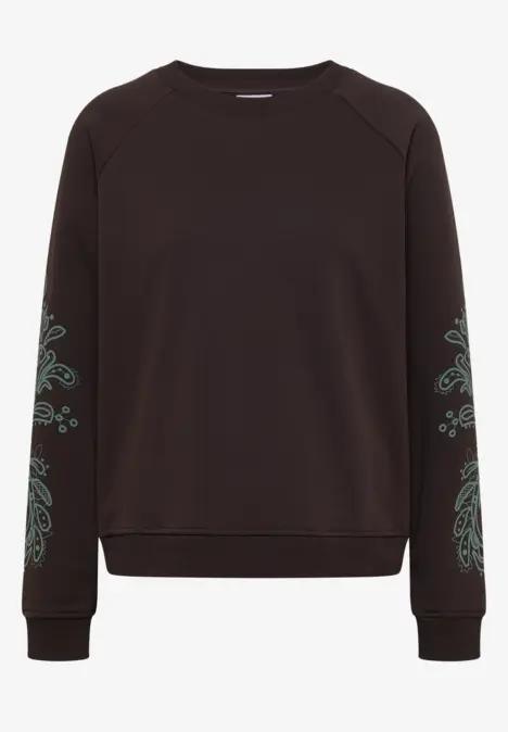 Sweat-shirt noir à col rond avec motif fin vert sur les manches.