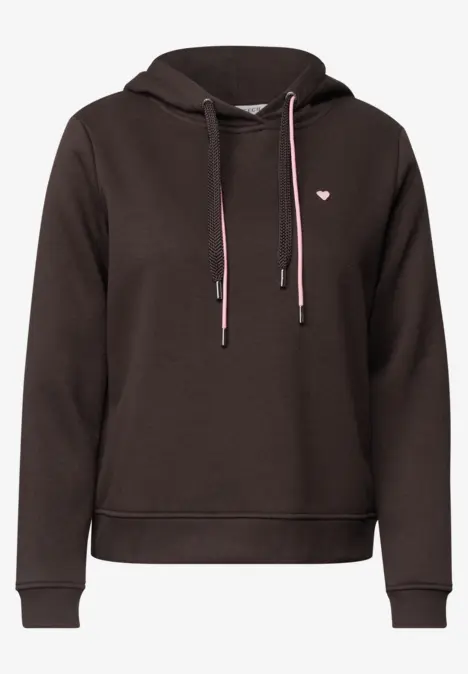 Dunkelbrauner Kapuzenpullover mit kleinem Logo-Emblem und Kordelzügen