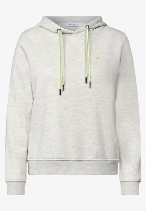 Sweat à capuche gris clair avec cordons néon verts.