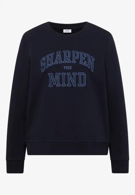 Dunkelblaues Sweatshirt mit Rundhalsausschnitt und Aufdruck 'SHARPEN YOUR MIND' auf der Vorderseite.