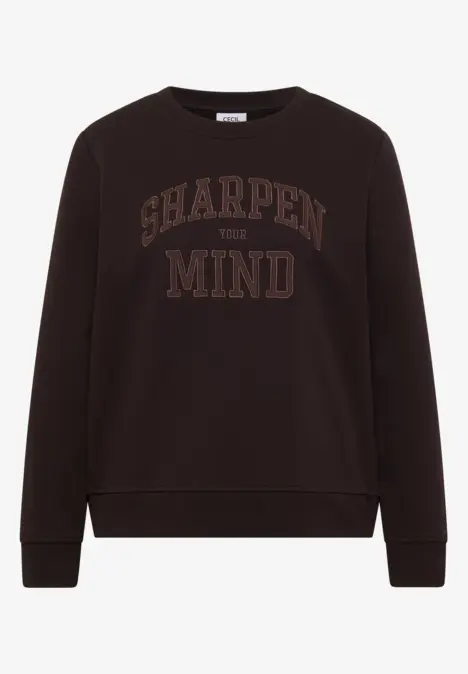 Dunkelbraunes Sweatshirt mit rundem Ausschnitt und aufgedrucktem Schriftzug 'SHARPEN YOUR MIND'.