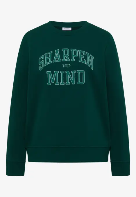 Dunkelgrünes Sweatshirt mit der Aufschrift 'SHARPEN MIND' in Weiß.