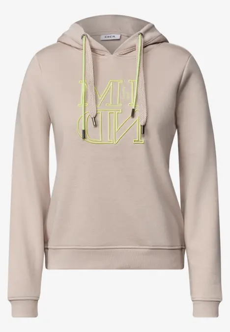 Beiger Hoodie mit neon-gelben Kordeln und spiegelverkehrtem »MIND«-Schriftzug.