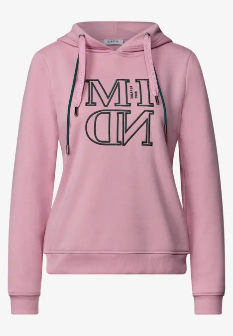 Pinker Kapuzenpullover mit umgekehrtem 'MIND'-Schriftzug auf der Vorderseite.