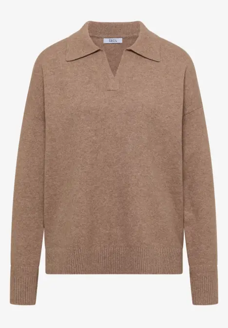 Brauner Strickpullover mit Polokragen, langärmelig und V-Ausschnitt.