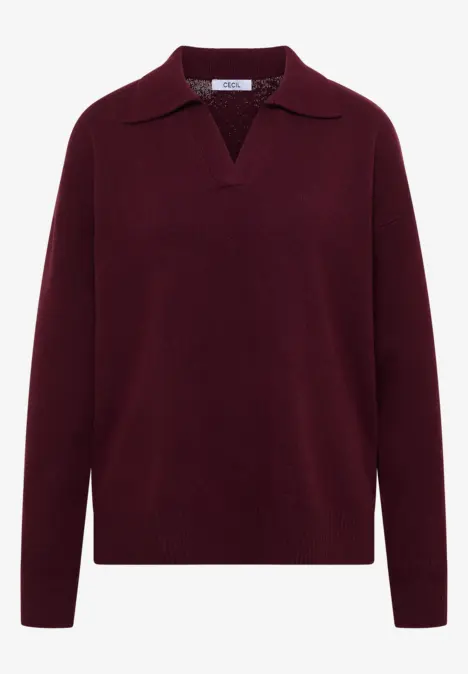 Bordeauxroter Feinstrick-Pullover mit V-Ausschnitt und Hemdkragen, langärmlig.