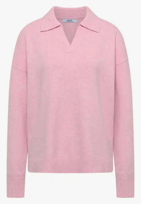 Rosa Pullover mit Hemdkragen und V-Ausschnitt, lange Ärmel