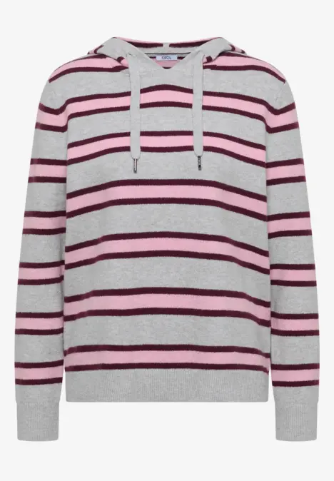 Grauer Kapuzenpullover mit lila und pinken Streifen, langen Ärmeln und Kordelzug.