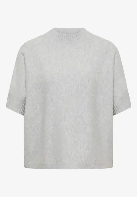 Graues Kurzarm-Strickshirt mit Rundhalsausschnitt und lockerem, kastigem Schnitt.